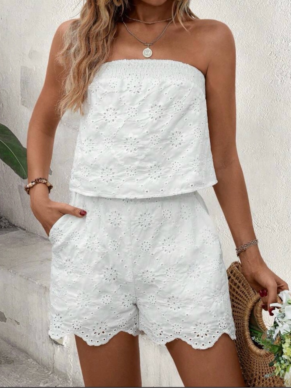 SHEIN White Eyelet Strapless two piece set